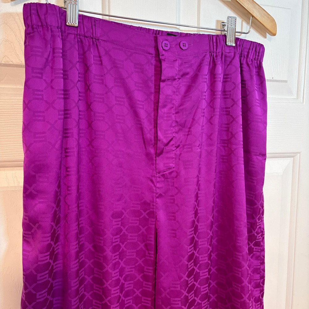 Savage X Fenty Purple Pink Monogram Logo Jacquard Wide Leg Satin Pajama Pants L